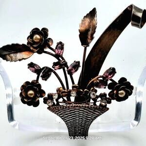 Vintage Sterling Floral Basket Brooch w/ Purple Amethyst & Rhinestones 1940's